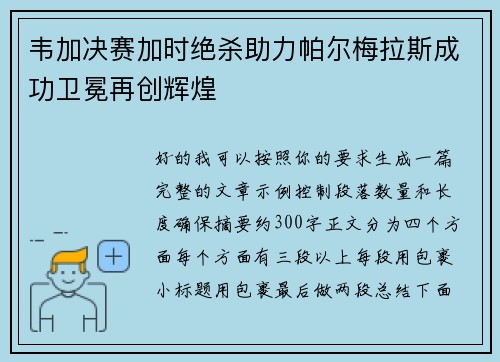 韦加决赛加时绝杀助力帕尔梅拉斯成功卫冕再创辉煌